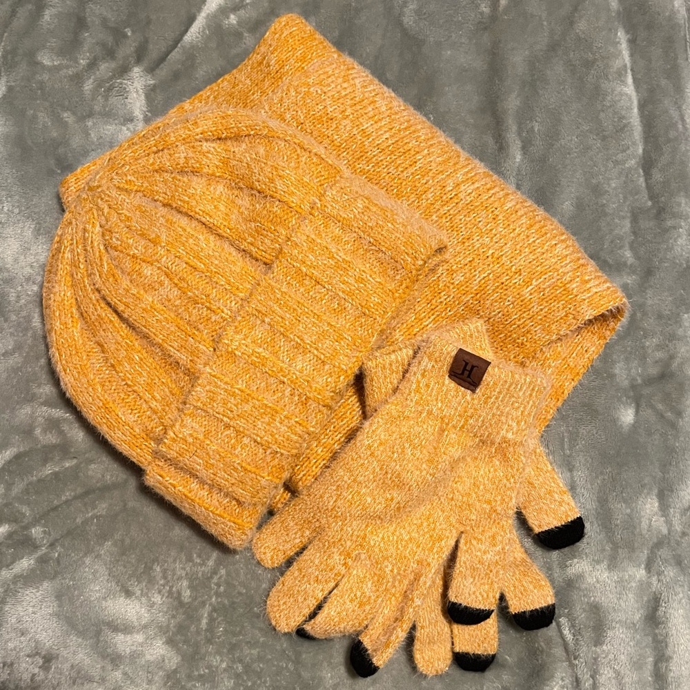 Orange Knit Beanie, Scarf, and Gloves Set